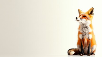 Obraz premium Red fox sitting gracefully against a white background, showcasing its vibrant fur and striking eyes.