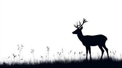 Obraz premium Silhouette of a deer standing in tall grass against a white background, evoking a calm and serene nature scene.