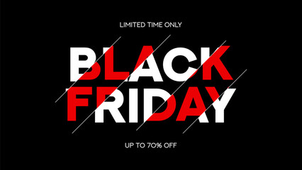 Typography banner for Black Friday. Modern minimal red and white text symbol of Black Friday with discount offer. Design template for Black Friday sale, promotion, advertising and social media ad.