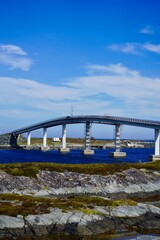 Scenic view of Storseisundet Bridge on the Atlantic Ocean Road in Norway.