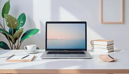 Fototapeta premium Minimalist Workspace with Laptop and Books.