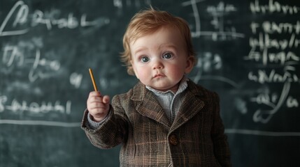 A baby in a professors tweed jacket, holding a pointer and standing in front of a blackboard filled with equations