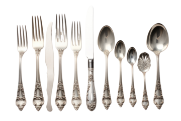 Classic silver cutlery set including spoons, design against a neutral backdrop
