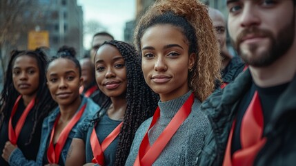 Diverse group of people wearing red ribbons for World AIDS Day