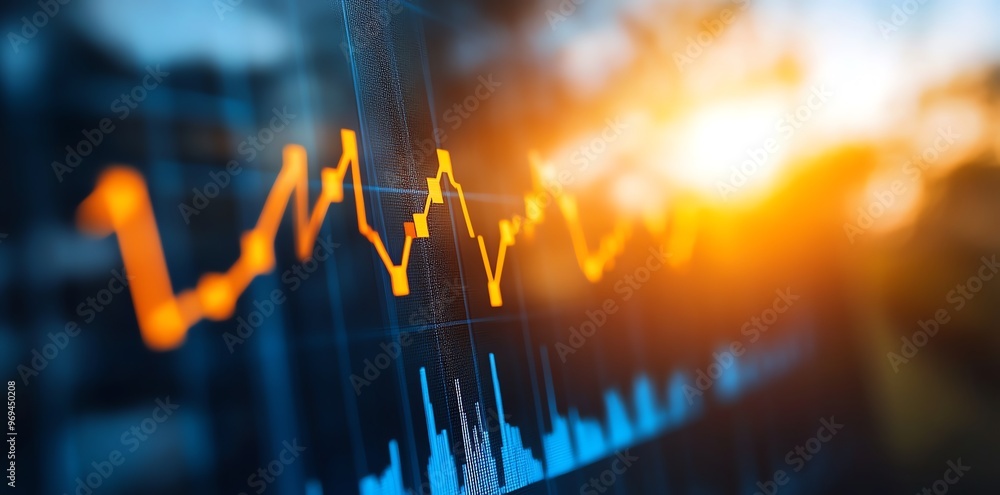 Poster A close-up shot of a computer screen showing financial charts and data in orange and blue with a bright blurred background.