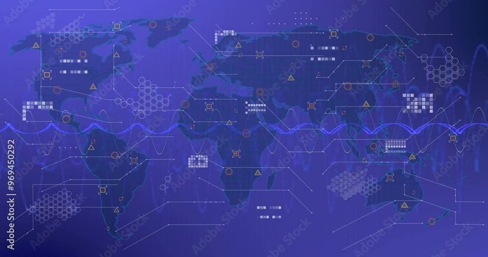 Aufkleber animation of world map with data processing over networks of connections