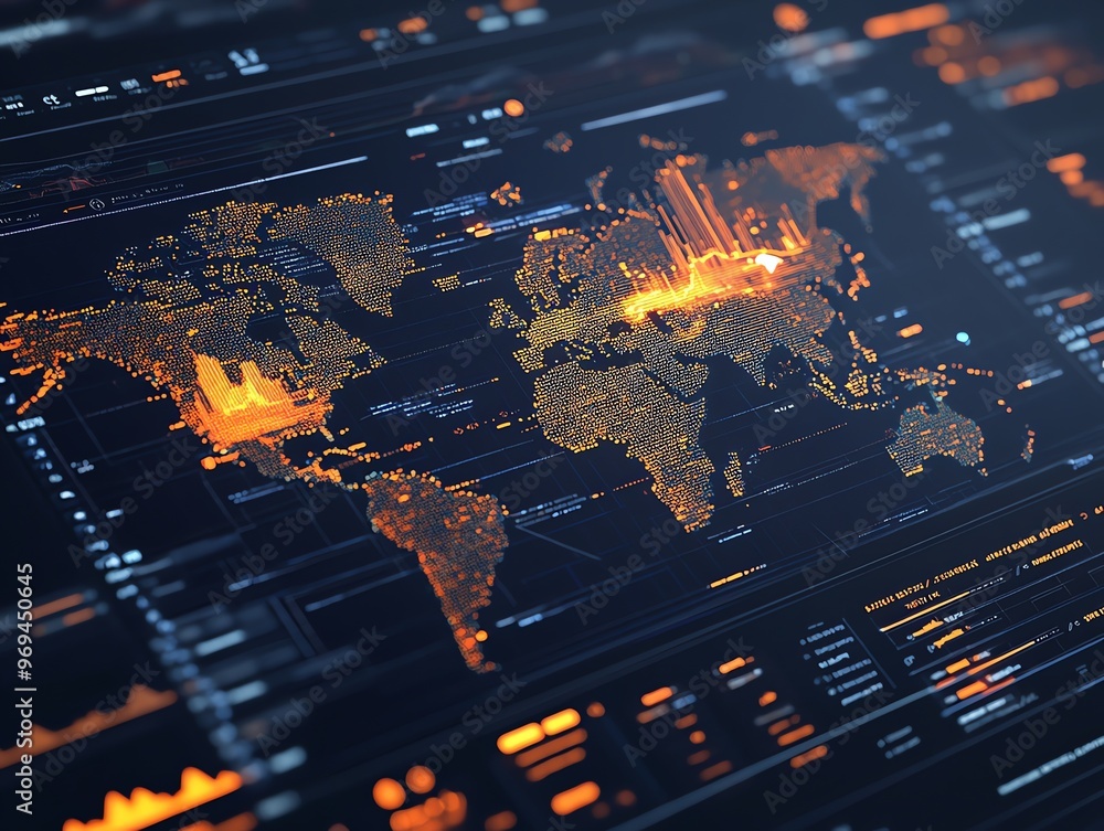 Poster A close-up shot of a digital world map with glowing orange dots and lines on a dark background.