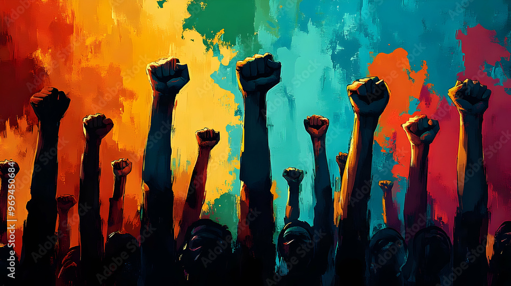 Poster a vibrant depiction of raised fists symbolizing unity and activism against a colorful backdrop.