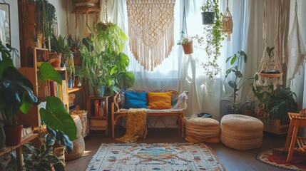 A bohemian-style room filled with eclectic decor, featuring hanging macrame, indoor plants, woven baskets, and wooden accents, creating a cozy and artistic vibe.