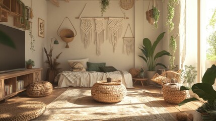 A bohemian-style room filled with eclectic decor, featuring hanging macrame, indoor plants, woven baskets, and wooden accents, creating a cozy and artistic vibe.