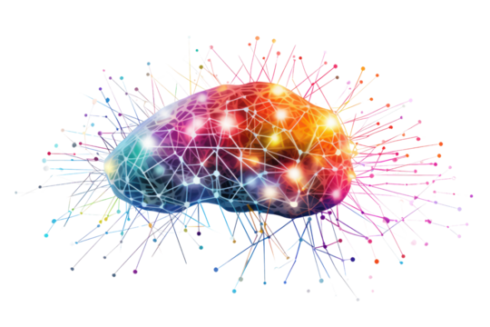 Artistic illustration of a human brain with vibrant digital connections and neural networks, isolated on white background