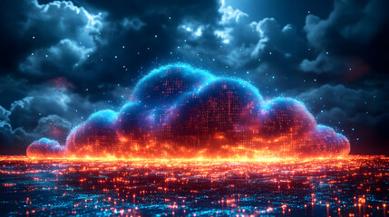 A vibrant digital cloud illuminated by blue and orange lights against a dark sky.