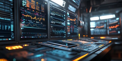 A close-up shot of a futuristic workstation with multiple monitors displaying data and graphs.