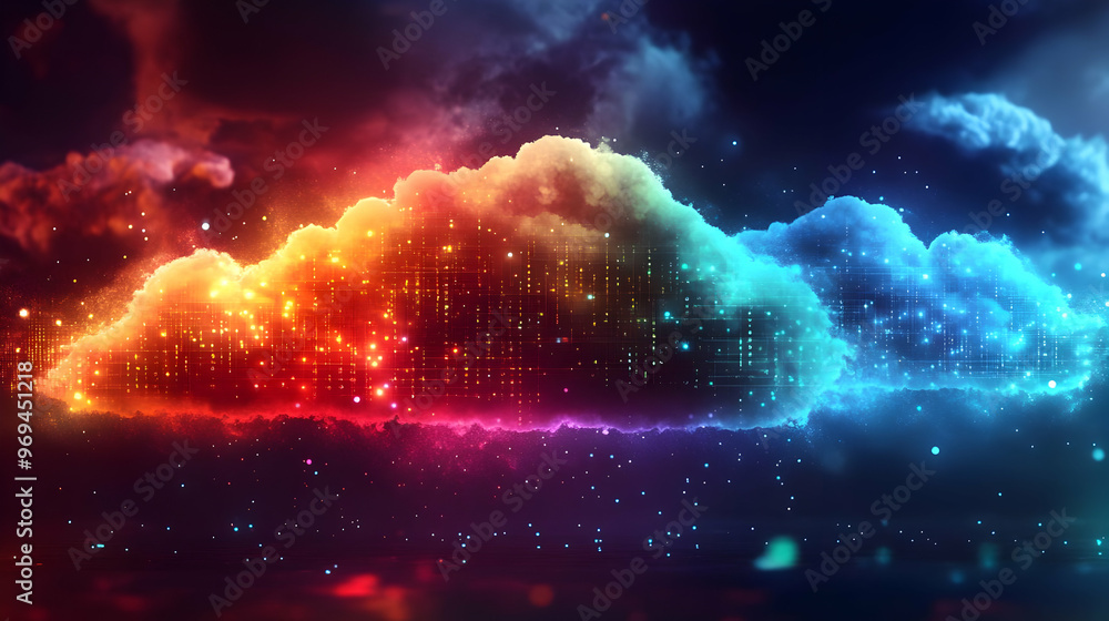 Poster a vibrant digital cloud with colorful patterns and glowing particles.