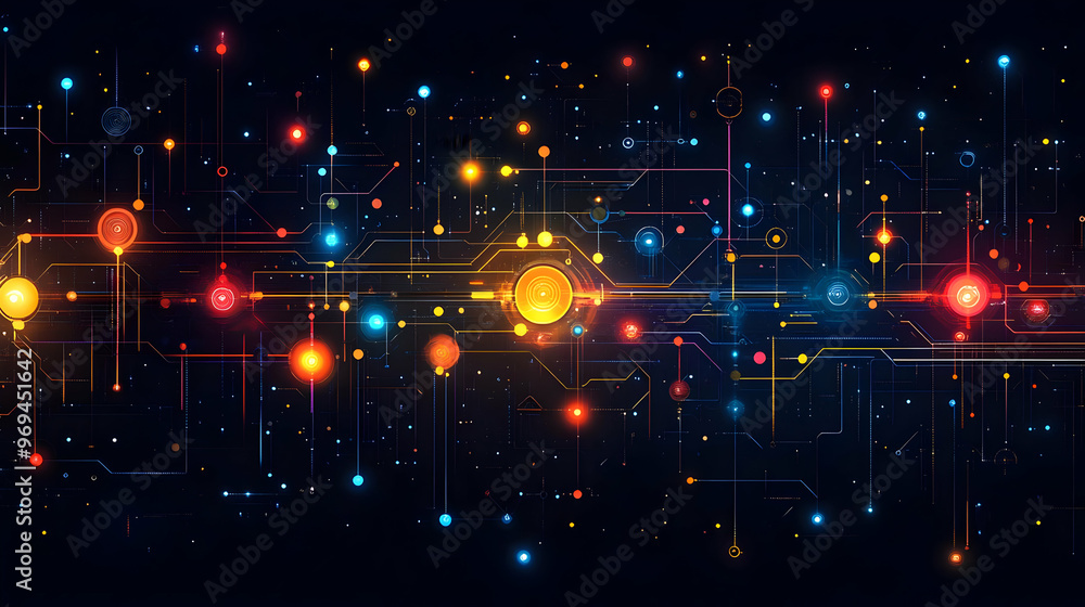 Poster a vibrant digital network with glowing nodes and connections, representing technology and data flow.