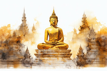 Obraz premium Serene Buddha in Watercolor: Golden hues and ethereal brushstrokes grace this artistic depiction of a meditating Buddha, radiating tranquility and spiritual awakening. 