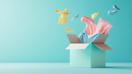 Stylish Fashion Unboxing - 3D Rendering of Open Delivery Box with Clothing Items on Teal Background. Minimal Flat Lay Concept for Product Presentation Banner.