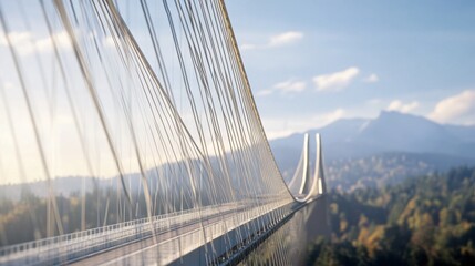 Obraz premium A close-up of a bridge suspension cables and towers, with a focus on the engineering details and the bridge connection to the surrounding landscape.
