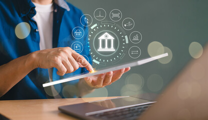 Digital business bank account technology concept. Businessman use mobile banking, digital marketing. Online shopping, cyber security. Bank icon, payment insurance and financial solution or money loan