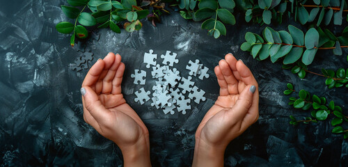 horizontal image, top view, dark background with puzzle pieces. For banner, design, cover, thumbnail, LinkedIn, banner, presentation. Business marketing concept.	