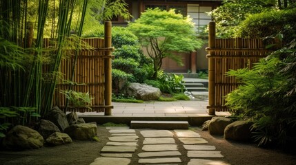 A serene garden entrance with a simple bamboo gate and stepping stones leading to a tranquil,...