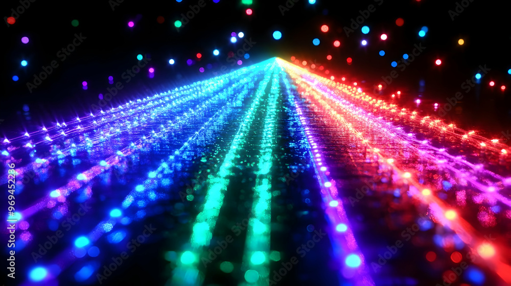 Poster a vibrant display of colorful lights creating a dynamic visual effect.
