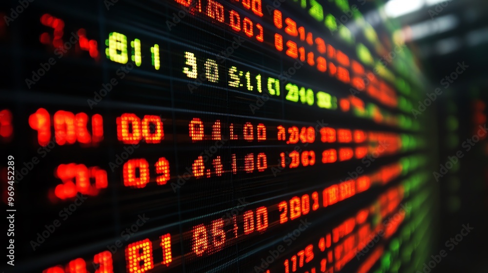 Poster A close-up view of a stock ticker with red and green numbers displaying stock prices.
