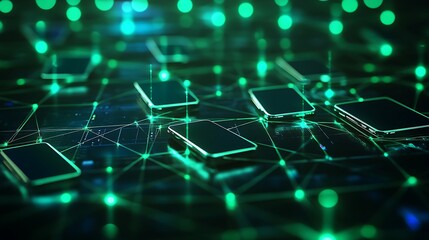 Illuminated Digital Network: Grid of Connected Smartphones with Green Glow on Dark Background