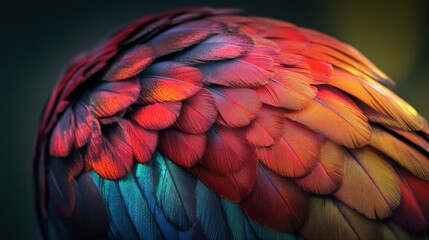 Obraz premium A close-up of a chicken's vibrant feathers, highlighting the intricate patterns and rich colors, with soft natural lighting to emphasize the textures.