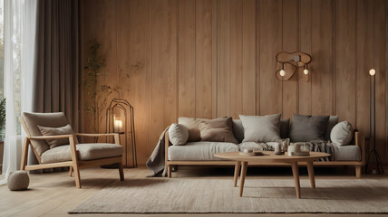 Modern luxury living room with plush velvet sofa