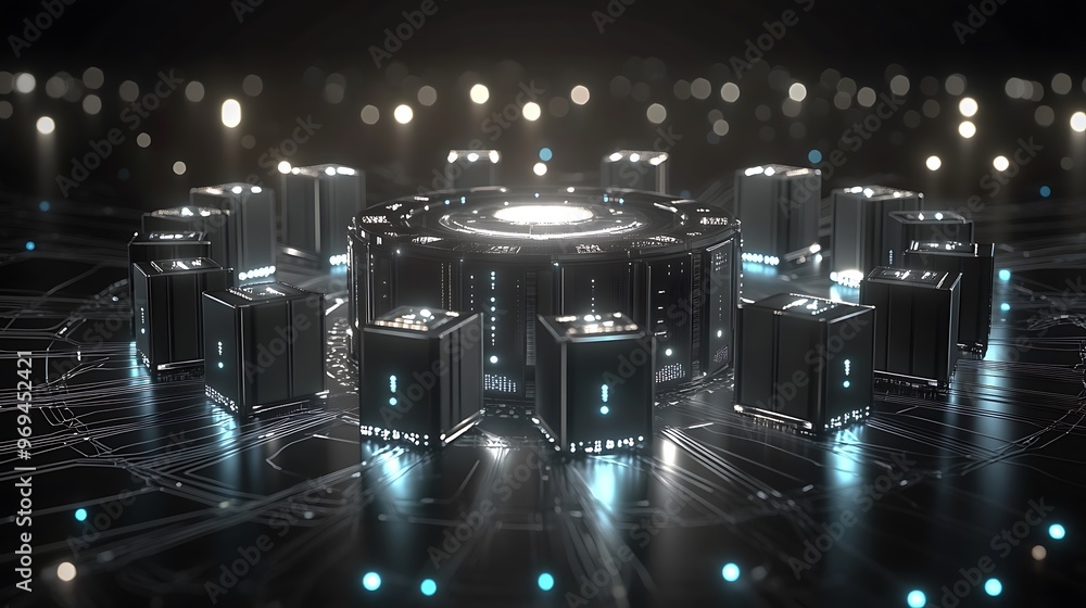 Poster illuminated circular computer network servers on dark background