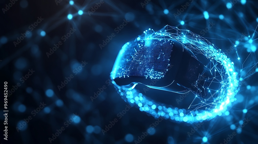 Poster illuminated virtual reality network - futuristic technology concept in dark setting