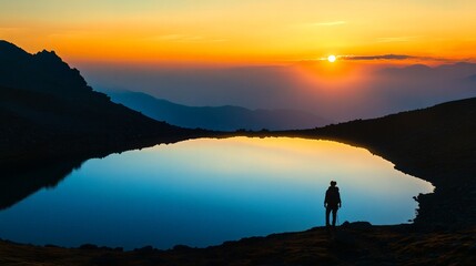 Breathtaking view of a sunrise over a tranquil mountain lake, with a hiker silhouetted against the glowing sky.