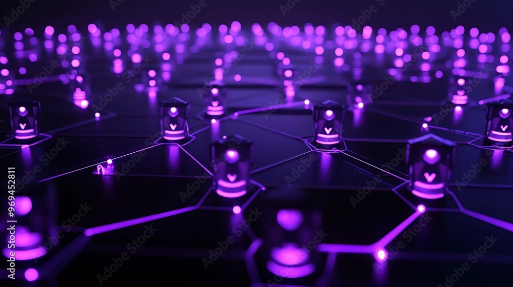 Poster illuminated hexagonal digital network of virtual assistants in lavender glow on dark background