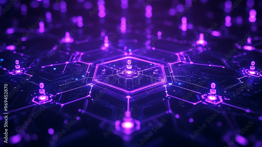 Poster futuristic hexagonal digital network of virtual assistants with lavender glow on dark background
