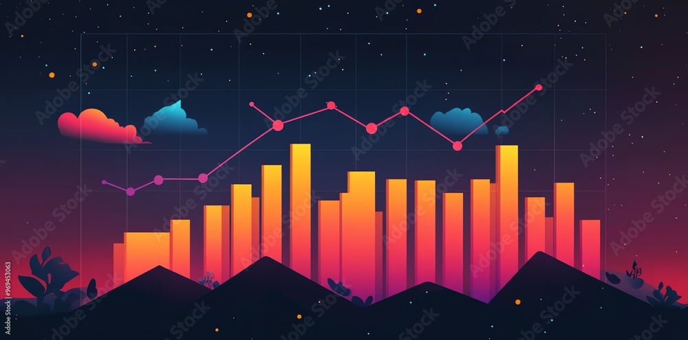 Fototapete A colorful bar graph and line chart on a dark background with stylized clouds and silhouettes of mountains and plants.