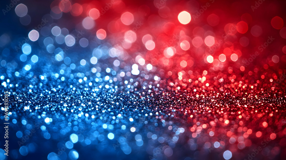 Poster a vibrant display of red and blue bokeh lights creating a sparkling background effect.