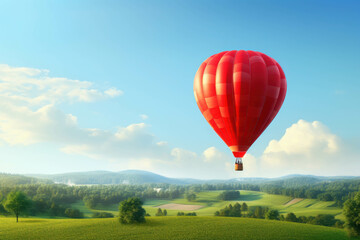 Fototapeta premium Red Hot Air Balloon Soaring Over Lush Green Fields 