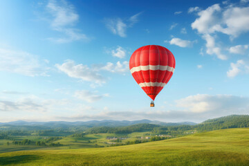 Obraz premium Red Hot Air Balloon Soaring Over Lush Green Fields 
