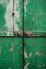 An aged green painted door displaying rustic texture and metal locks, representing history and weathered charm.