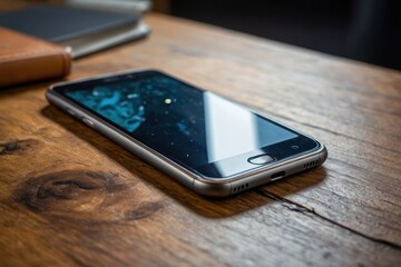 The smartphone is lying on the desk