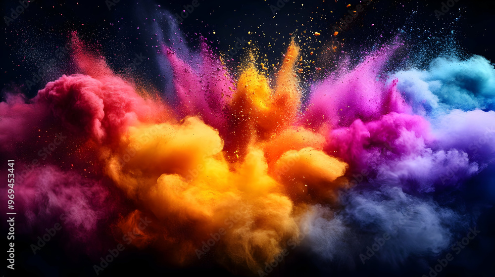 Poster a vibrant explosion of colorful powder creating a dynamic visual effect.