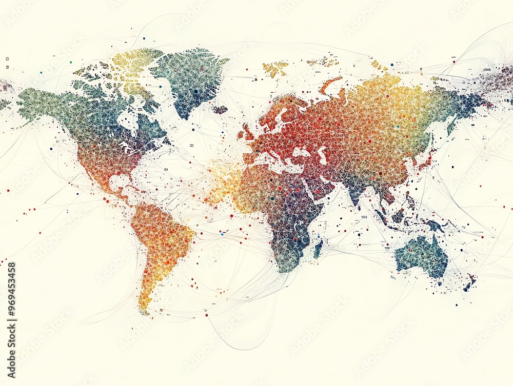 Poster A colorful, abstract world map with lines connecting various points, symbolizing globalization and interconnectedness.