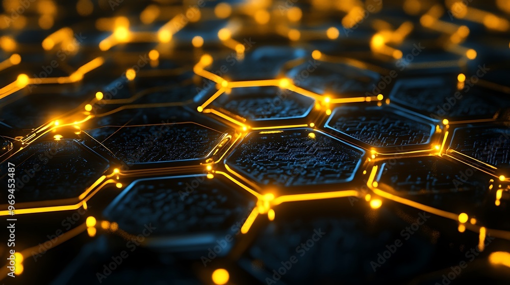 Poster illuminated iot network: honeycomb pattern of connected devices in vibrant yellow glow on dark backg