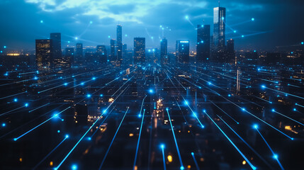 Smart digital city with connection cyber security network reciprocity over the cityscape . future smart wireless digital city and social media networking systems that connects people within the city