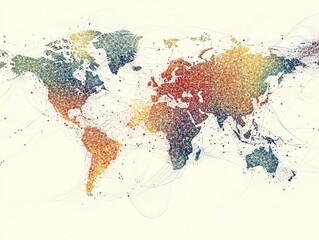 Obraz premium A colorful, abstract world map with lines connecting various points, symbolizing globalization and interconnectedness.