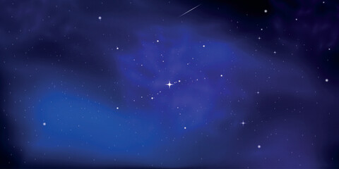 Night sky with stars. Dark blue vector universe. Shiny abstract cosmos. Galaxy illustration with sparkles and starlight. Celestial winter cosmic background