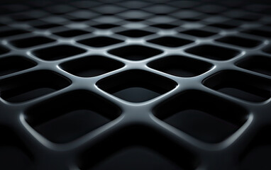 Naklejka premium Close-up of a textured black mesh surface with geometric patterns, perfect for backgrounds and industrial designs.