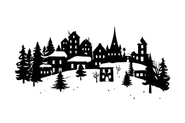 Fototapeta premium Silhouette of a winter village with snowflakes and trees on a white background. Concept of winter holidays and Christmas spirit. Vector illustration