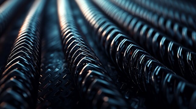 Close-up of metallic cables arranged in parallel, showcasing intricate details and textures in dramatic lighting.